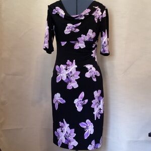 Black Dress with Lavender Floral Print - Women's Elegant Sheath